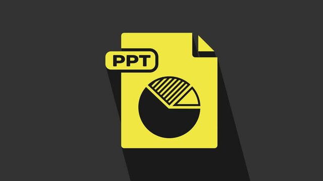 Yellow PPT file document. Download ppt button icon isolated on grey background. PPT file presentation. 4K Video motion graphic animation