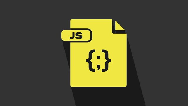 Yellow JS file document. Download js button icon isolated on grey background. JS file symbol. 4K Video motion graphic animation
