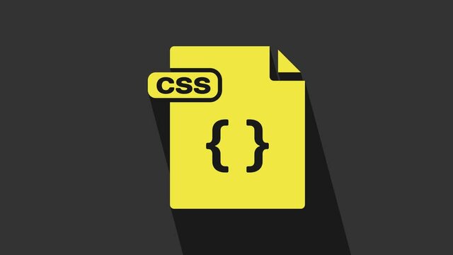 Yellow CSS file document. Download css button icon isolated on grey background. CSS file symbol. 4K Video motion graphic animation