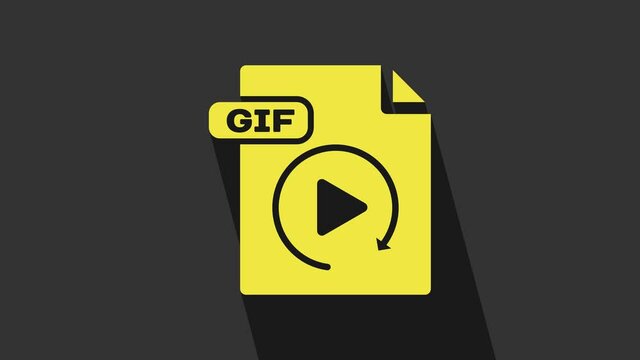 Yellow GIF file document. Download gif button icon isolated on grey background. GIF file symbol. 4K Video motion graphic animation