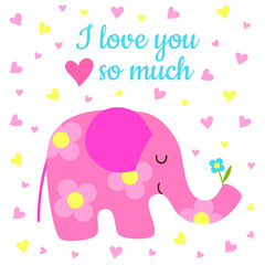 Valentine’s Day greeting card with “I love you so much” inscription. Cute kawaii pastel color pink cartoon elephant character with blue flower, pattern and hearts. Flat style vector illustration