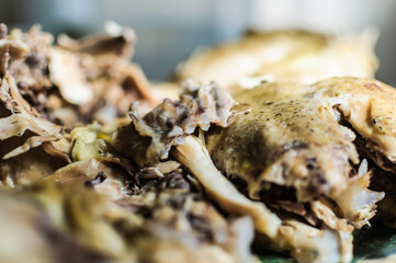 close up detail of boiled chicken with soft focus background prepared for meal