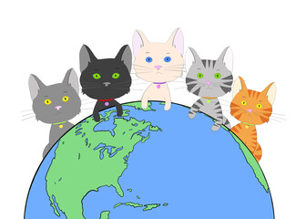 Illustration hand drawn cartoon with five diverse kittens peaking over a globe of Earth, a healthy green and blue. Earth Day theme.