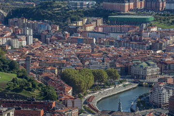 Obraz premium aerial view of Bilbao old town and Nervión estuary, Bilbao, Bizkaia, Basque Country, Spain, Europe