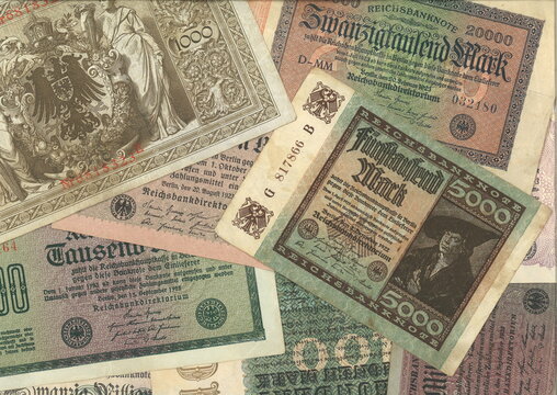 Old historic German inflation bank notes. The Rentenmark was a currency issued on 15 November 1923 to stop the hyperinflation of 1922 and 1923 in Weimar Germany.