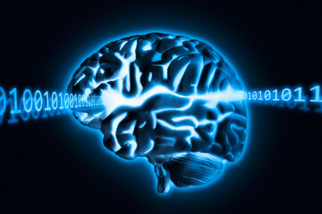 Brain radiating light and numbers, studio shot