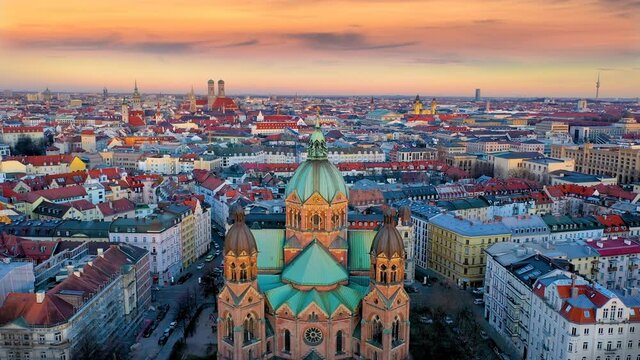 Munich skyline aerial view, dronefrootage of munich germany, marienplatz square downtown city centre, church in old town and town hall.