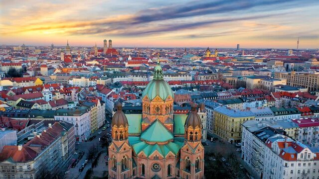 Munich city skyline aerial view of downtown, bavaria germany munich marienplatz, church, town hall in city centre view from sky.