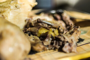 close up detail of boiled chicken with soft focus background prepared for meal