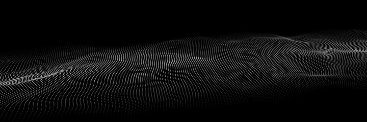 Wave 3d. Wave of particles. Dynamic wave on black background. Futuristic point wave. Design for poster. Technology vector background. Vector illustration.