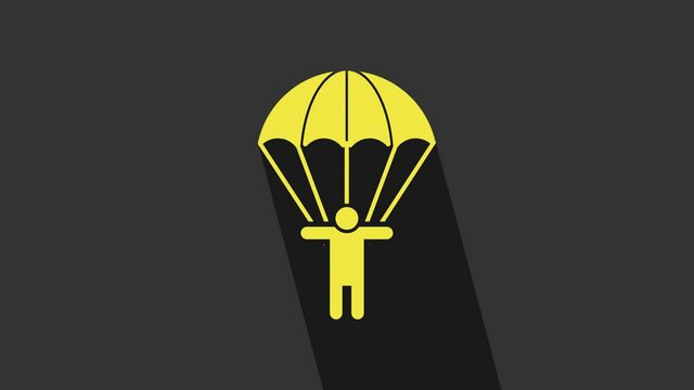 Yellow Parachute and silhouette person icon isolated on grey background. 4K Video motion graphic animation