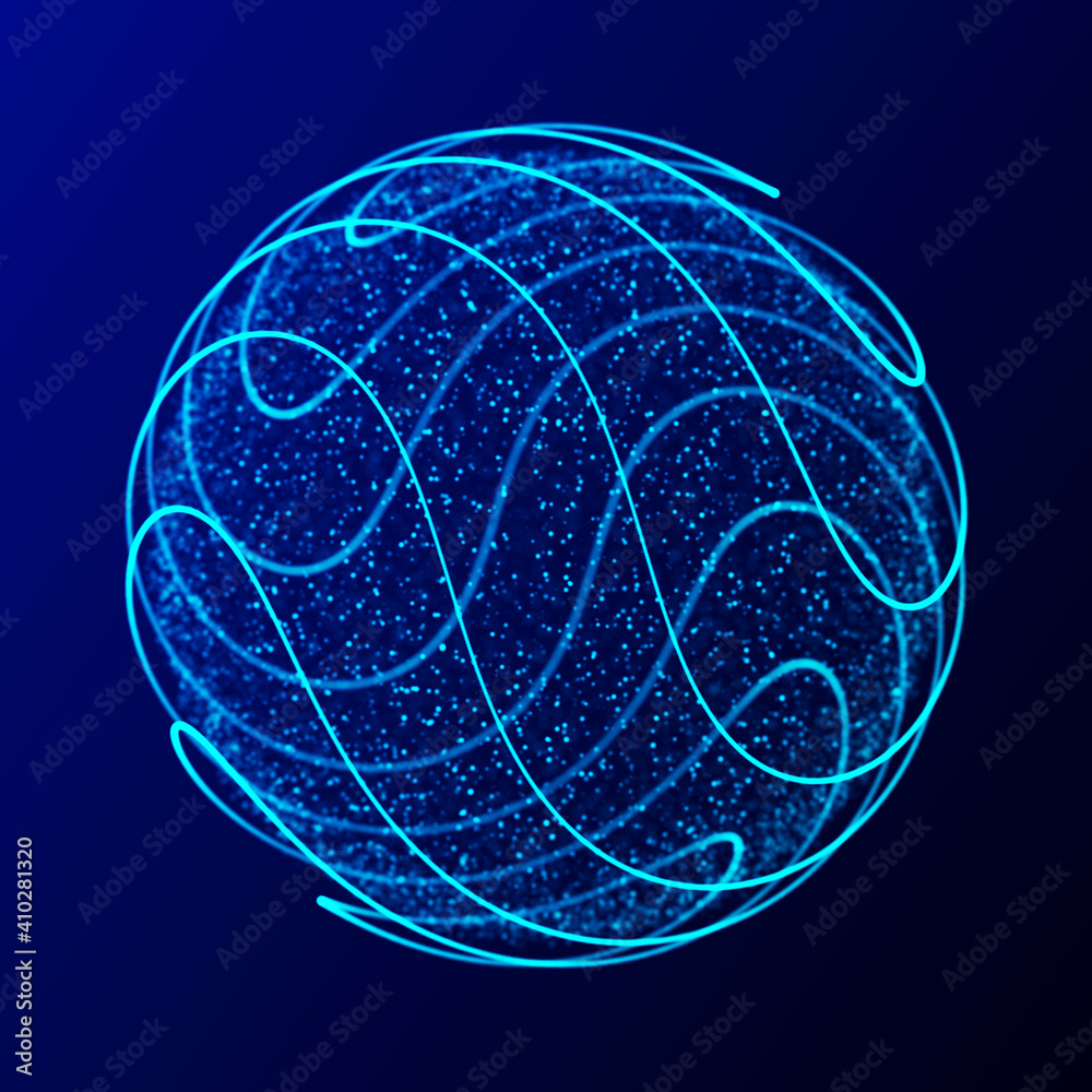 Poster abstract 3d sphere. sphere with twist lines. glowing lines twisting logo design. outer space object.