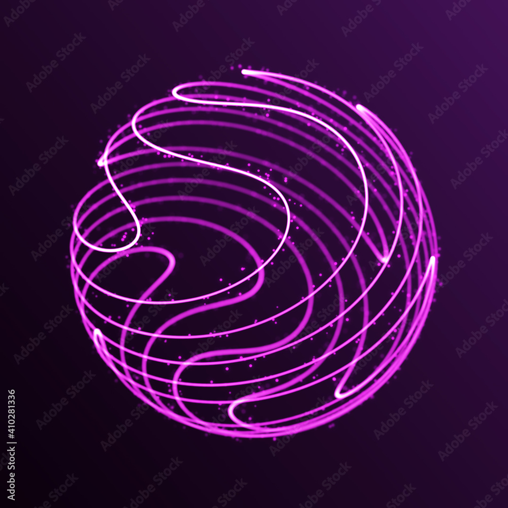 Poster abstract 3d sphere. sphere with twist lines. glowing lines twisting. outer space object. futuristic 