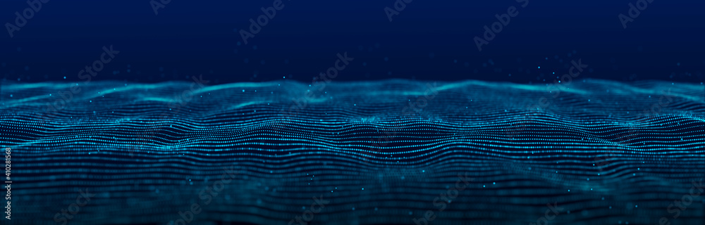 Poster wave 3d. wave of particles. abstract blue geometric background. big data visualization. data technol