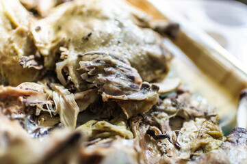 close up detail of boiled chicken with soft focus background prepared for meal