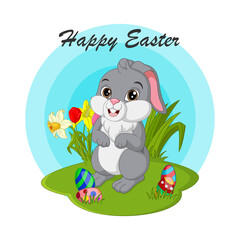 Happy Easter. Cute Easter bunny with eggs in the grass