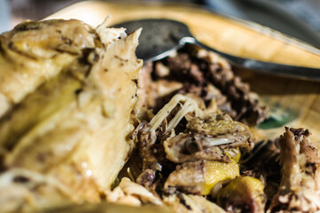 close up detail of boiled chicken with soft focus background prepared for meal