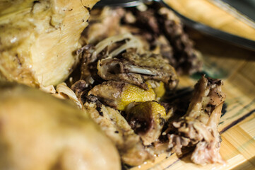 close up detail of boiled chicken with soft focus background prepared for meal