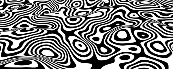 Optical illusion wave. Abstract 3d black and white illusions. Horizontal lines stripes pattern or background with wavy distortion effect. EPS 10. Vector illustration.