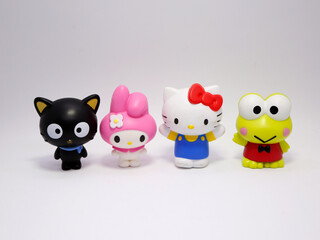 Hello Kitty and her friends. Chococat. Keroppi. My Melody. Famous characters. Adorable kitten. Character from Japan. Produced by the Japanese company Sanrio. Isolated.