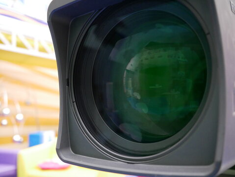 closeup of professional camera in studio at TV station.