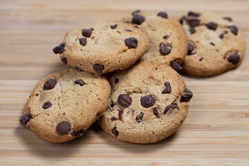 Chocolate Chip Cookies On Wooden Surface, Close Up Selective Focus Shot