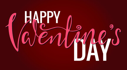 Happy Valentine’s Day hand drawn art brush text. Holiday greeting card inscription design, calligraphy modern lettering. Invitation, banner, print, poster design. Pink, white on red background