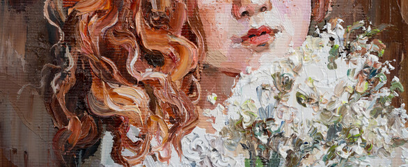 Portrait of a young red-haired girl holding flowers. Fragment of oil painting on canvas.