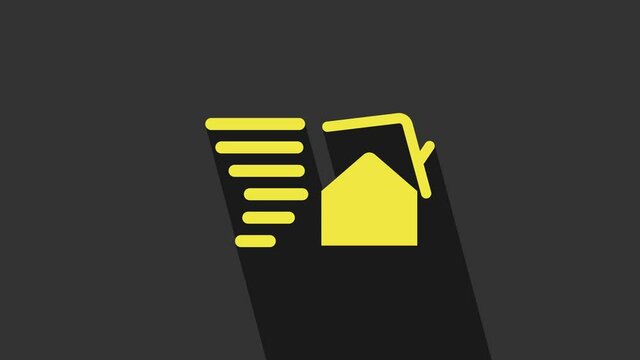 Yellow Tornado swirl damages house roof icon isolated on grey background. Cyclone, whirlwind, storm funnel, hurricane wind icon. 4K Video motion graphic animation