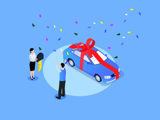 Car birthday gift isometric 3d vector concept for banner, website, illustration, landing page, flyer, etc.