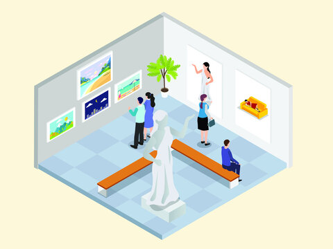 People at an art gallery isometric 3d vector concept for banner, website, illustration, landing page, flyer, etc.