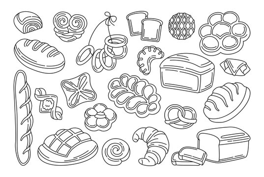 Bakery goods doodle black set. Line bread loaf and french baguette, pretzel, muffin, croissant, french baguette ciabatta. Design menu bakery pastry symbol. Stylish icon modern vector illustration