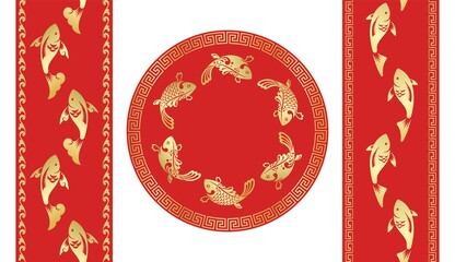 Golden fish. Chinese traditional ornament. Seamless pattern. Festive background template. Decorative decoration element for holiday poster, banner, invitation, congratulations. Vector