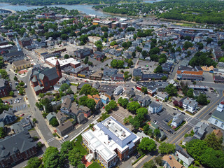 Obraz premium Aerial view of Historic buildings on Cabot Street in historic city center of Beverly, Massachusetts MA, USA. 