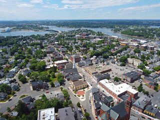 Obraz premium Aerial view of Historic buildings on Cabot Street in historic city center of Beverly, Massachusetts MA, USA. 