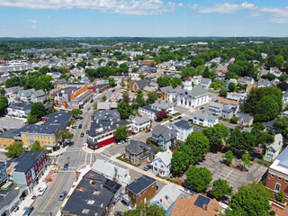 Fototapeta na wymiar Aerial view of Historic buildings on Cabot Street in historic city center of Beverly, Massachusetts MA, USA. 