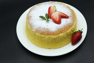 Homemade Fluffy Japanese Cheesecake, strawberries