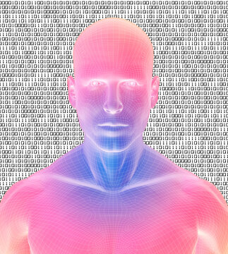 Digitally generated male figure against binary code background