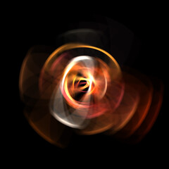 Spinning rays of light isolated on black background. Graphic 2D illustration of glowing colorful light particles in circular motion.