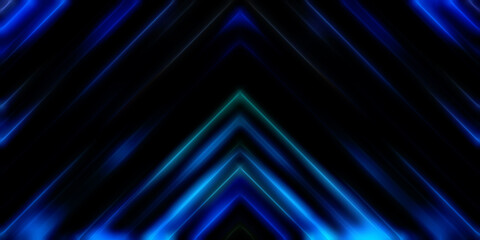 Abstract shining geometric lights background. Fractal symmetric graphic illustration. Intersecting glowing and shimmering bars.