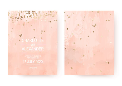 Peachy acrylic wedding invitation cards with gold border confetti.