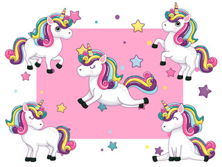 Cute Unicorns Characters Cartoon Set. Vector illustration With Cartoon Happy Animal