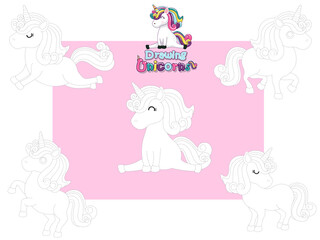 Drawing and Paint Cute Unicorns Cartoon Set. Educational Game for Kids. Vector illustration With Cartoon Happy Animal