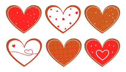 February dessert treat in shape heart decorated red glazed. Gingerbread cookies for Valentine day flat cartoon set. Pastry as symbol romance holidays. Festive ginger snack Isolated vector illustration