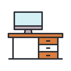 Computer desk, workplace icon. Flat vector illustration.