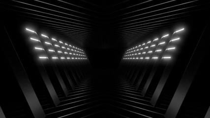 Fototapeta premium A dark corridor lit by white neon lights. Reflections on the floor and walls. 3d rendering image.