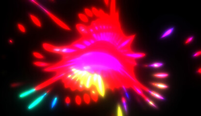 Dynamic rays of light isolated on black background. Graphic 2D illustration of glowing colorful light particles.