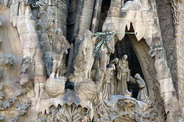 Sagrada Familia architecture detail in Barcelona, Spain. Impressive cathedral designed by Antoni Gaudi, which is being build since 1882 and is not finished yet.
