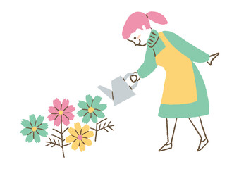 花に水をかける女性