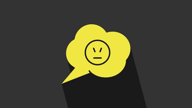 Yellow Speech bubble with angry smile icon isolated on grey background. Emoticon face. 4K Video motion graphic animation